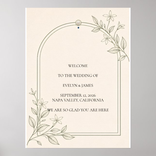 Poster Sinal de Boas-Vindas de Casamento Botânico Oliva (Frente)