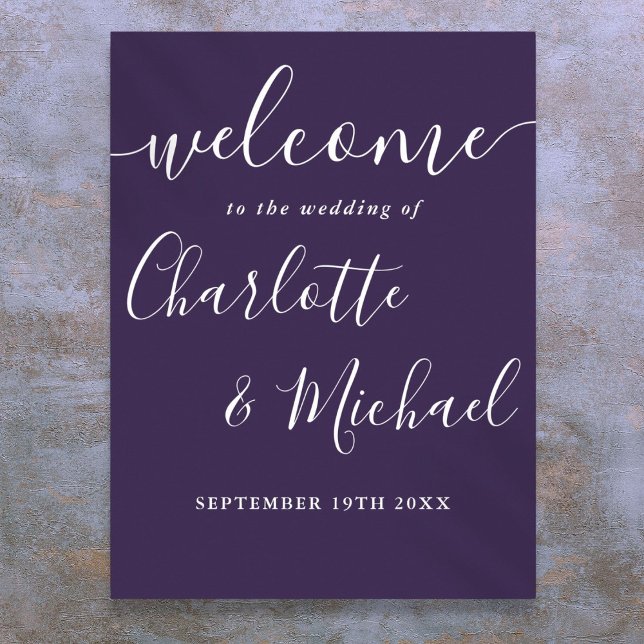 Poster Sinal de Boas-Vindas de Casamento com Assinatura R (Purple Signature Script Wedding Welcome Sign)
