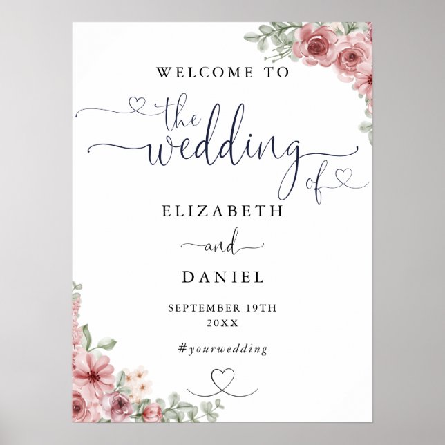 Poster Sinal de Boas-Vindas de Casamento com Coração Flor (Frente)
