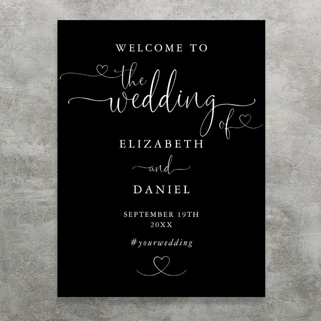 Poster Sinal de Boas-Vindas de Casamento com Coração Pret (Black And White Heart Script Wedding Welcome Sign)