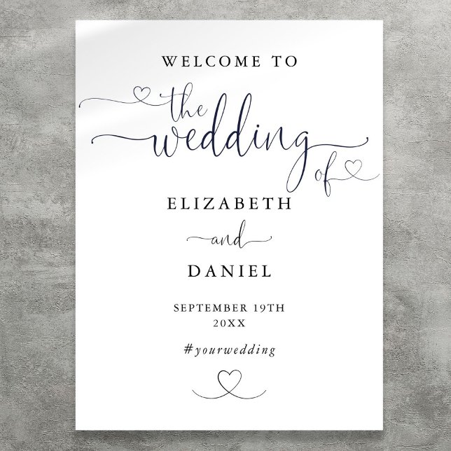 Poster Sinal de Boas-Vindas de Casamento com Coração Pret (Black And White Heart Script Wedding Welcome Sign)