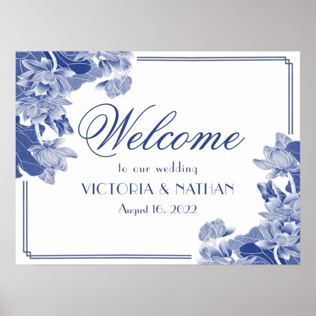 Poster Sinal de Boas-Vindas de Casamento com Flores Azuis (Frente)