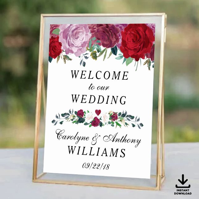 Poster Sinal de Boas-Vindas de Casamento com Flores Român (Criador carregado)