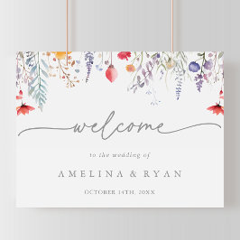 Poster Sinal de Boas-Vindas de Casamento com Flores Silve