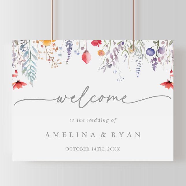 Poster Sinal de Boas-Vindas de Casamento com Flores Silve (Criador carregado)