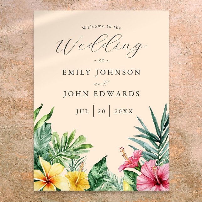 Poster Sinal de Boas-Vindas de Casamento com Flores Tropi (Peach Tropical Flowers Wedding Welcome Sign)