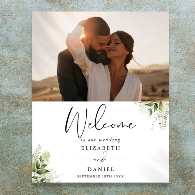 Poster Sinal de Boas-Vindas de Casamento com Folhagem Ver (Greenery Foliage Photo Wedding Welcome Sign)