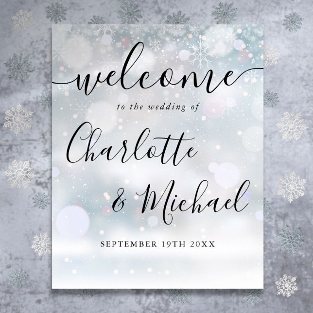 Poster Sinal de Boas-Vindas de Casamento com Letra de Ass (Winter Snow Signature Script Wedding Welcome Sign)