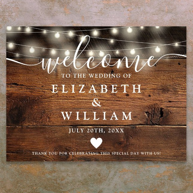 Poster Sinal de Boas-Vindas de Casamento com Luzes de Cor (Rustic Wood String Lights Wedding Welcome Sign)