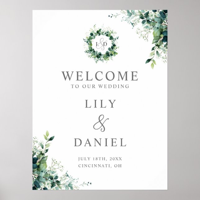 Poster Sinal de Boas-Vindas de Casamento com Monograma de (Frente)