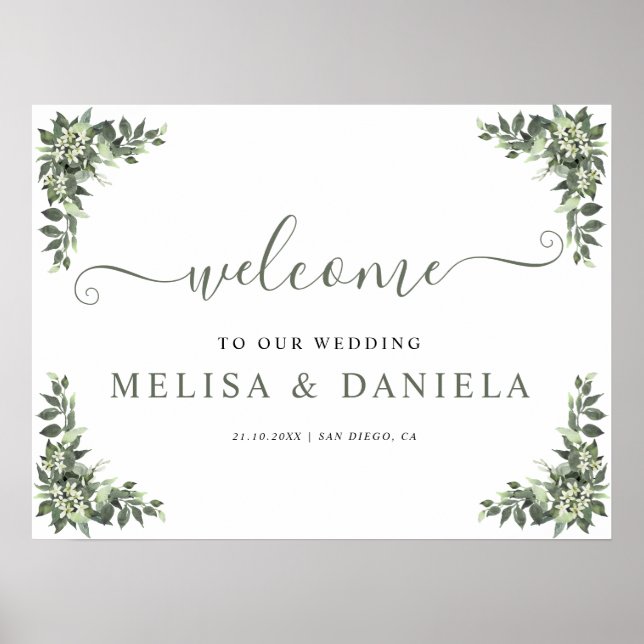 Poster Sinal de Boas-Vindas de Casamento com Vegetação Mi (Frente)