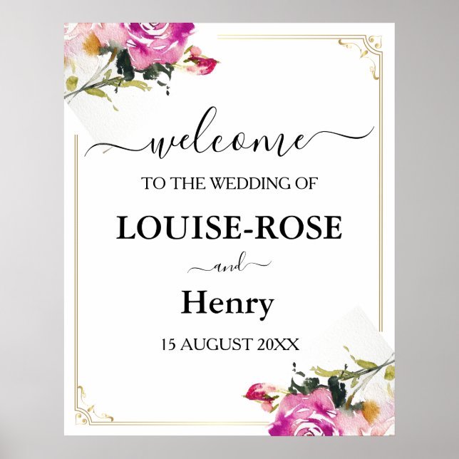 Poster Sinal de Boas-Vindas de Casamento - Design Rosa Do (Frente)