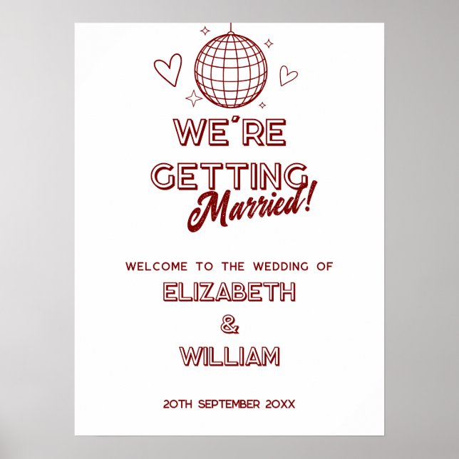Poster Sinal de Boas-Vindas de Casamento Disco Retro Verm (Frente)