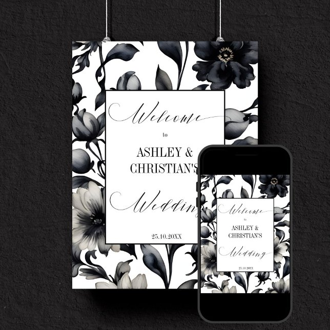 Poster Sinal de boas-vindas de casamento elegante e preto (Black and white vintage flowers simple elegant wedding template welcome sign digital download)
