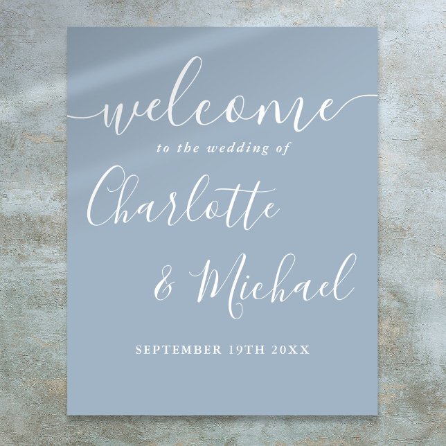 Poster Sinal de Boas-Vindas de Casamento em Azul Empoeira (Dusty Blue Signature Script Wedding Welcome Sign)