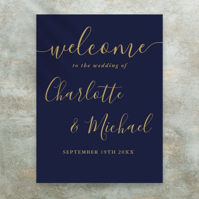 Poster Sinal de Boas-Vindas de Casamento em Azul Naval e  (Navy Blue And Gold Script Wedding Welcome Sign)
