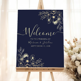 Poster Sinal de Boas-Vindas de Casamento em Dourado e Azu