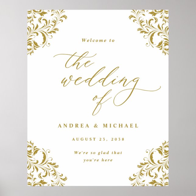 Poster Sinal de Boas-Vindas de Casamento em Dourado Vinta (Frente)
