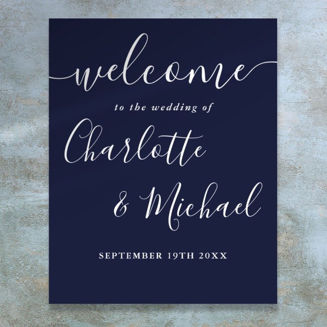 Poster Sinal de Boas-Vindas de Casamento em Letra de Curs (Navy Blue Signature Script Wedding Welcome Sign)