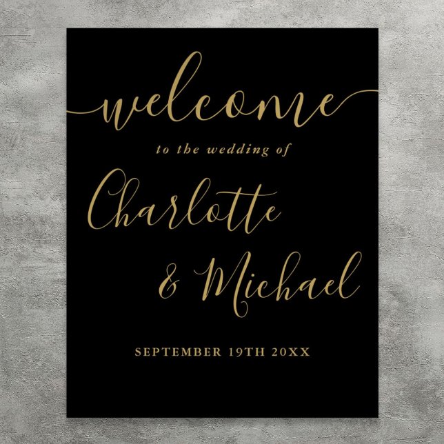 Poster Sinal de Boas-Vindas de Casamento em Letra Dourada (Black And Gold Script Wedding Welcome Sign)