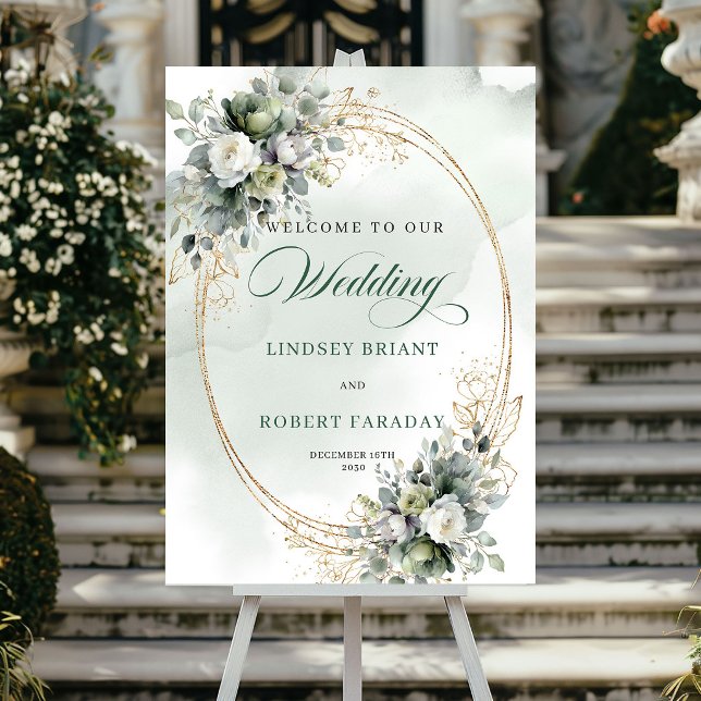 Poster Sinal de Boas-Vindas de Casamento em Ouro Botânico (Chic Botanical Gold Wedding Welcome Sign)