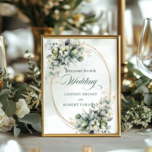 Poster Sinal de Boas-Vindas de Casamento em Verde Suave e (Soft Greenery and Gold Wedding Welcome Sign)