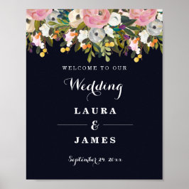 Poster Sinal de Boas-Vindas de Casamento Flor Botânica Az