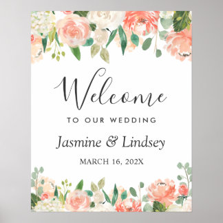 Poster Sinal de Boas-Vindas de Casamento Floral Coral Pês