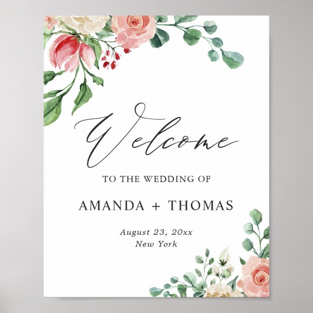 Poster Sinal de Boas-Vindas de Casamento Floral de Rosa e (Frente)