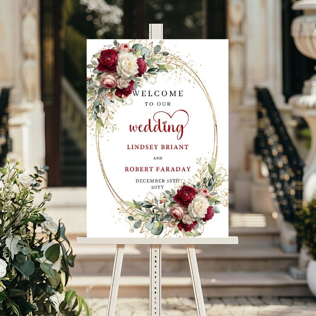 Poster Sinal de boas-vindas de casamento floral dourado c (Rustic greenery gold floral wedding welcome sign board

)