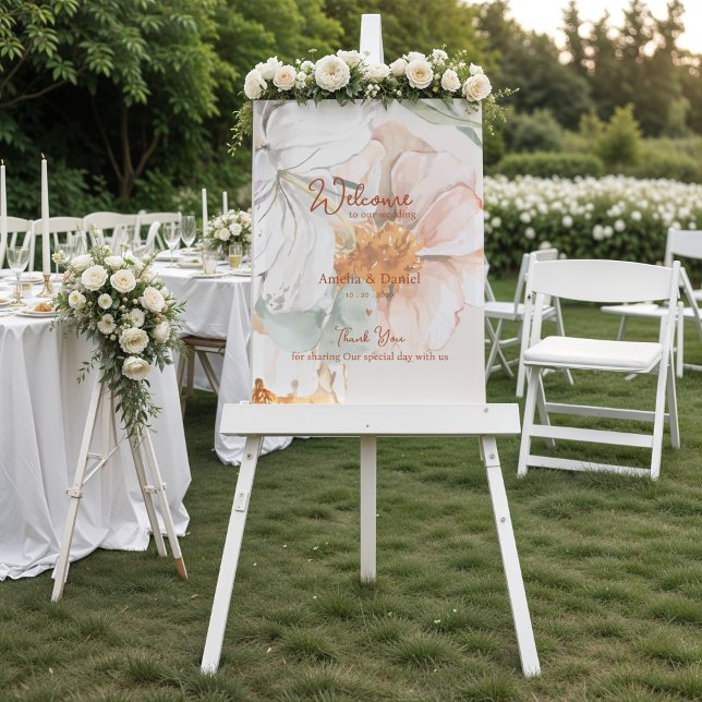 Poster Sinal de Boas-Vindas de Casamento | Floral Rosa Be (Wedding Welcome Sign | Blush Peach Floral )