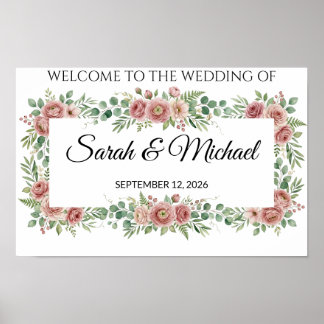 Poster Sinal de Boas-Vindas de Casamento Floral Rosa Eleg