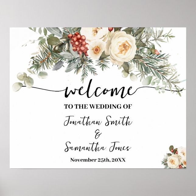 Poster Sinal de Boas-Vindas de Casamento Flores Brancas d (Frente)