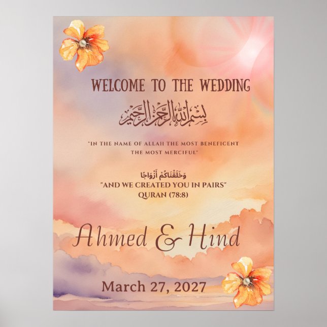 Poster Sinal de Boas-Vindas de Casamento Islâmico | Flora (Frente)