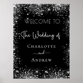 Poster Sinal de boas-vindas de casamento preto com brilho