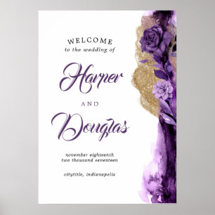 Poster Sinal de Boas-vindas de Casamento Roxo e Dourado
