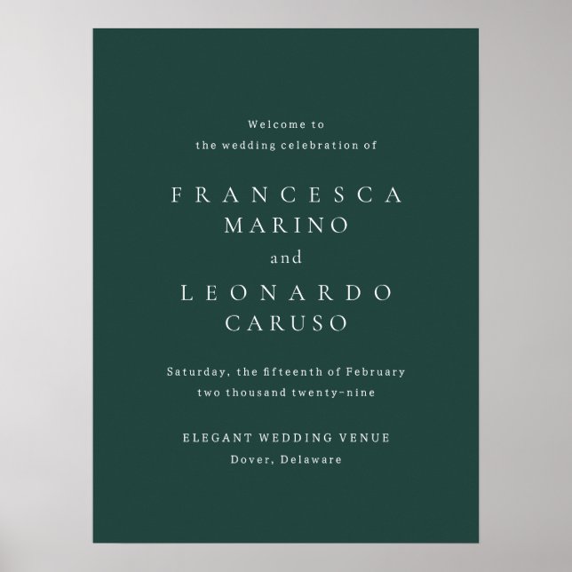 Poster Sinal de Boas-Vindas de Casamento Simples Esmerald (Frente)