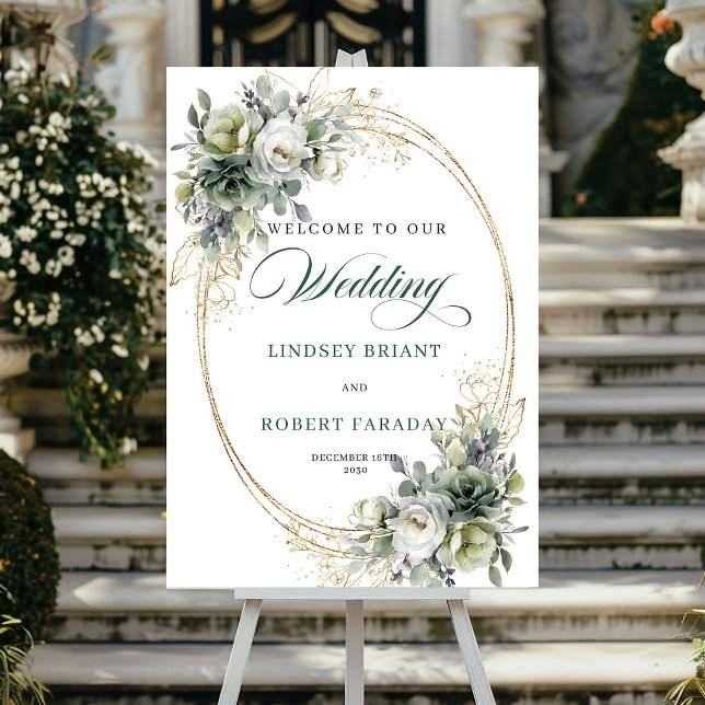 Poster Sinal de Boas-Vindas de Casamento Verde e Branco E (Elegant Green and White Wedding Welcome Sign)
