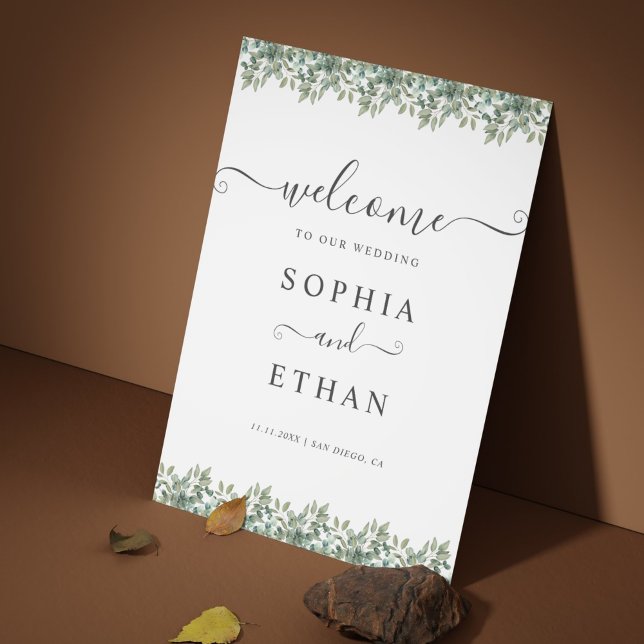 Poster Sinal de boas-vindas de casamento verde elegante c (Elegant Eucalyptus Greenery Wedding Welcome sign)
