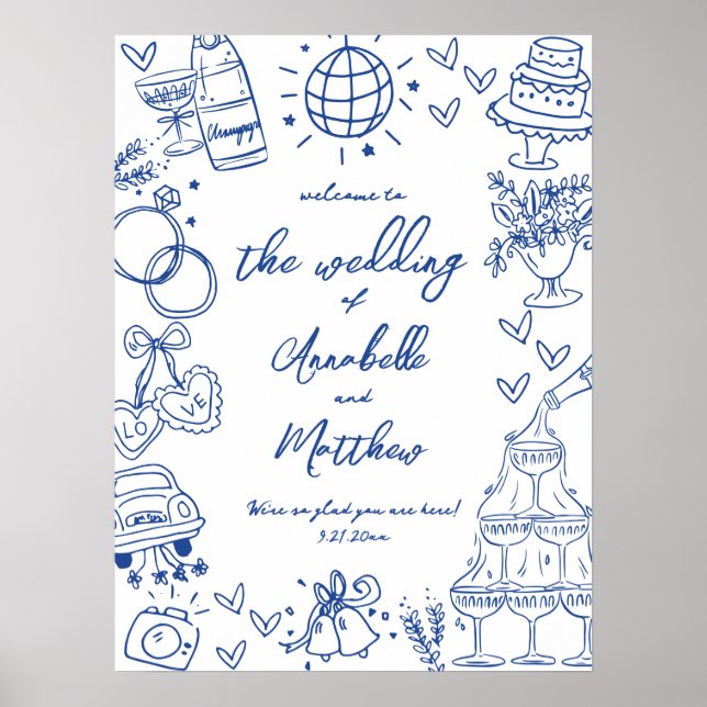 Poster Sinal de Boas-vindas de Casamento Whimsical Azul D (Frente)