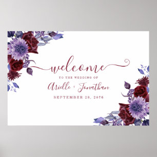 Poster Sinal de Boas-Vindas de Casamento XL Floral Roxo e
