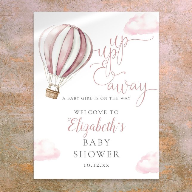 Poster Sinal de Boas-Vindas de Chá de Bebê com Balão de A (Pink Hot Air Balloon Baby Shower Welcome Sign)