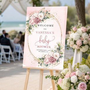 Poster Sinal de Boas-Vindas de Chá de Bebê Floral Rosa Em