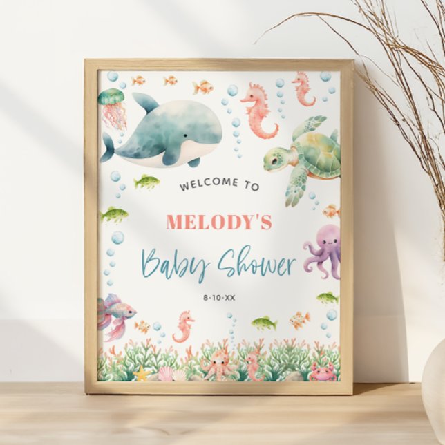 Poster Sinal de Boas-Vindas de Chá de Bebê no Fundo do Ma (Under the Sea Ocean Baby Shower Welcome Sign)