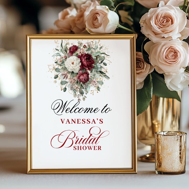 Poster Sinal de Boas-Vindas de Chá de Noiva Burgundy Blus (Rustic Blush Burgundy Bridal Shower Welcome Sign)