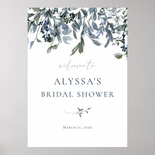Poster Sinal de Boas-Vindas de Chá de Noiva Floral Azul (Frente)