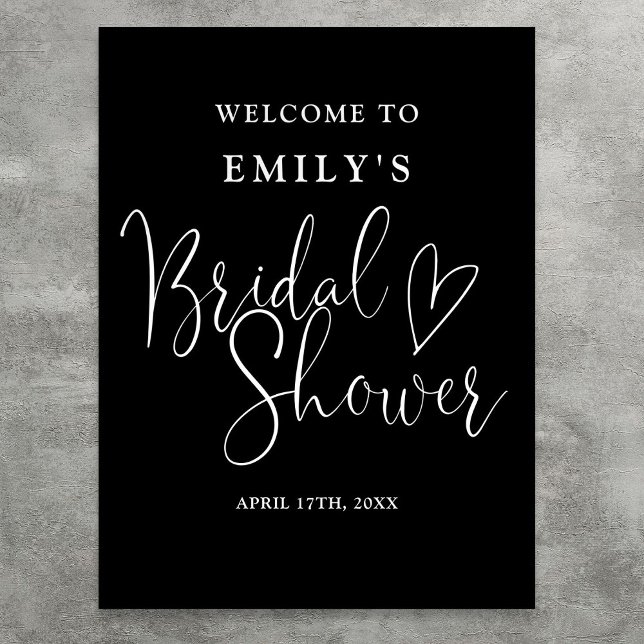 Poster Sinal de boas-vindas de chá de panela de noiva com (Black And White Script Bridal Shower Welcome Sign)