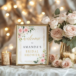 Poster Sinal de boas-vindas de chá de panela floral rosa 