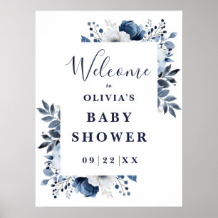Poster Sinal de Boas-Vindas de Chás de Bebê Floral Azul M