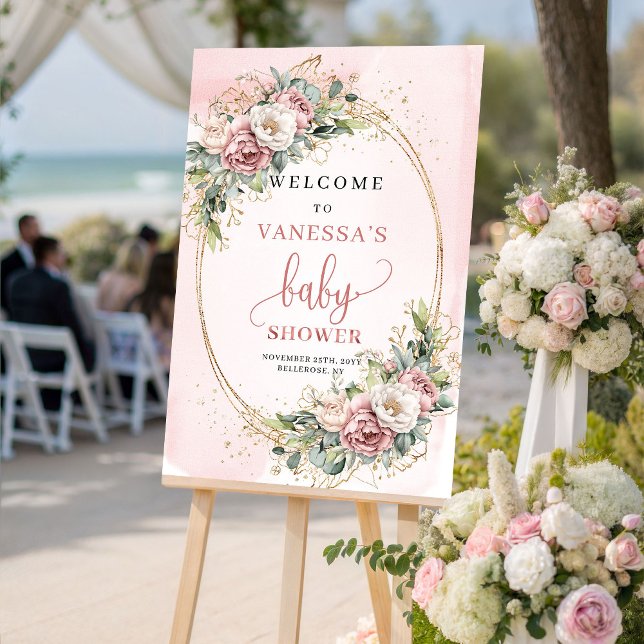 Poster Sinal de Boas-Vindas de Chuveiro de Bebê Floral Ro (Rustic Blush Pink Floral Baby Shower Welcome Sign)